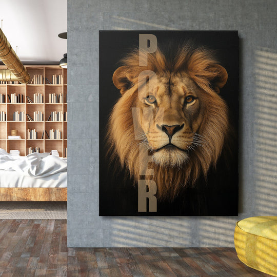 Motivational wall art with a lion head and POWER text in an industrial bedroom.