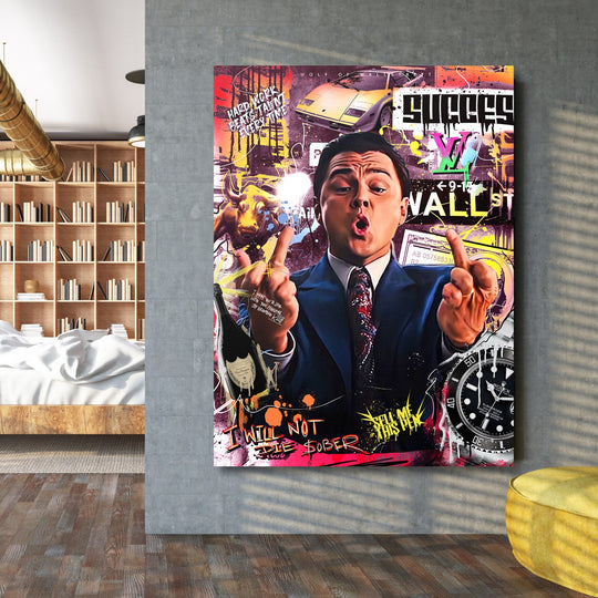 Pop art motivational wall art for a living room with a Wolf of Wall Street collage, luxury car, Rolex, bull and graffiti quote