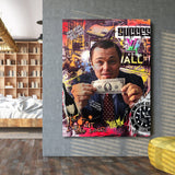Motivational canvas wall art in a study with a collage of a man with a dollar, bull, luxury car and watch