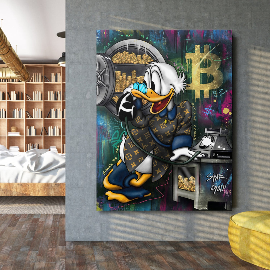 Motivational wall art with Scrooge McDuck, gold coins and Bitcoin graffiti in a luxury street art pop art style