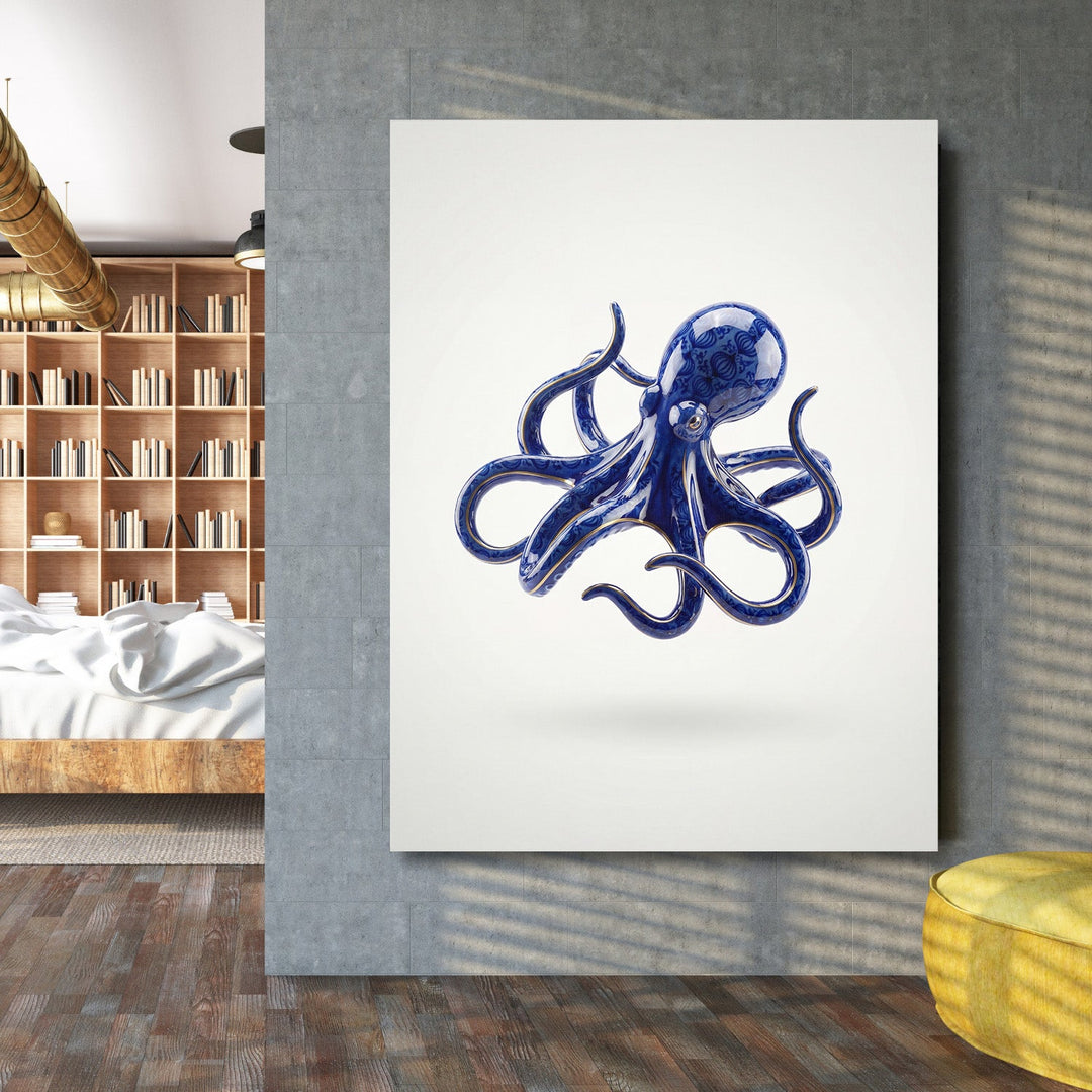 Modern canvas print with a blue octopus in a designer interior, abstract nautical motif