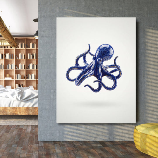 Modern canvas print with a blue octopus in a designer interior, abstract nautical motif