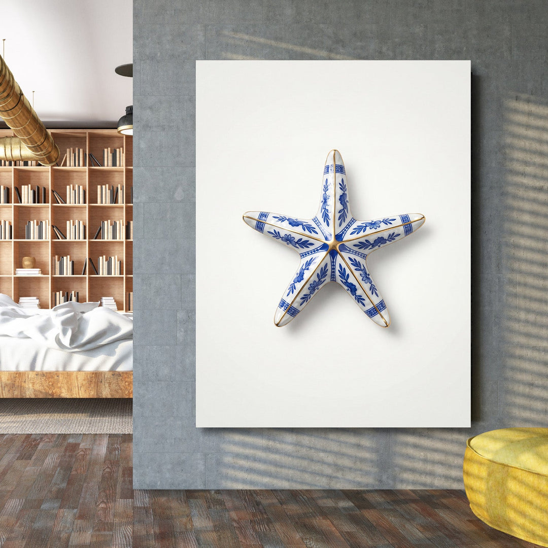 Motivational wall art with a blue-and-white ceramic starfish and nautical motif in a living room