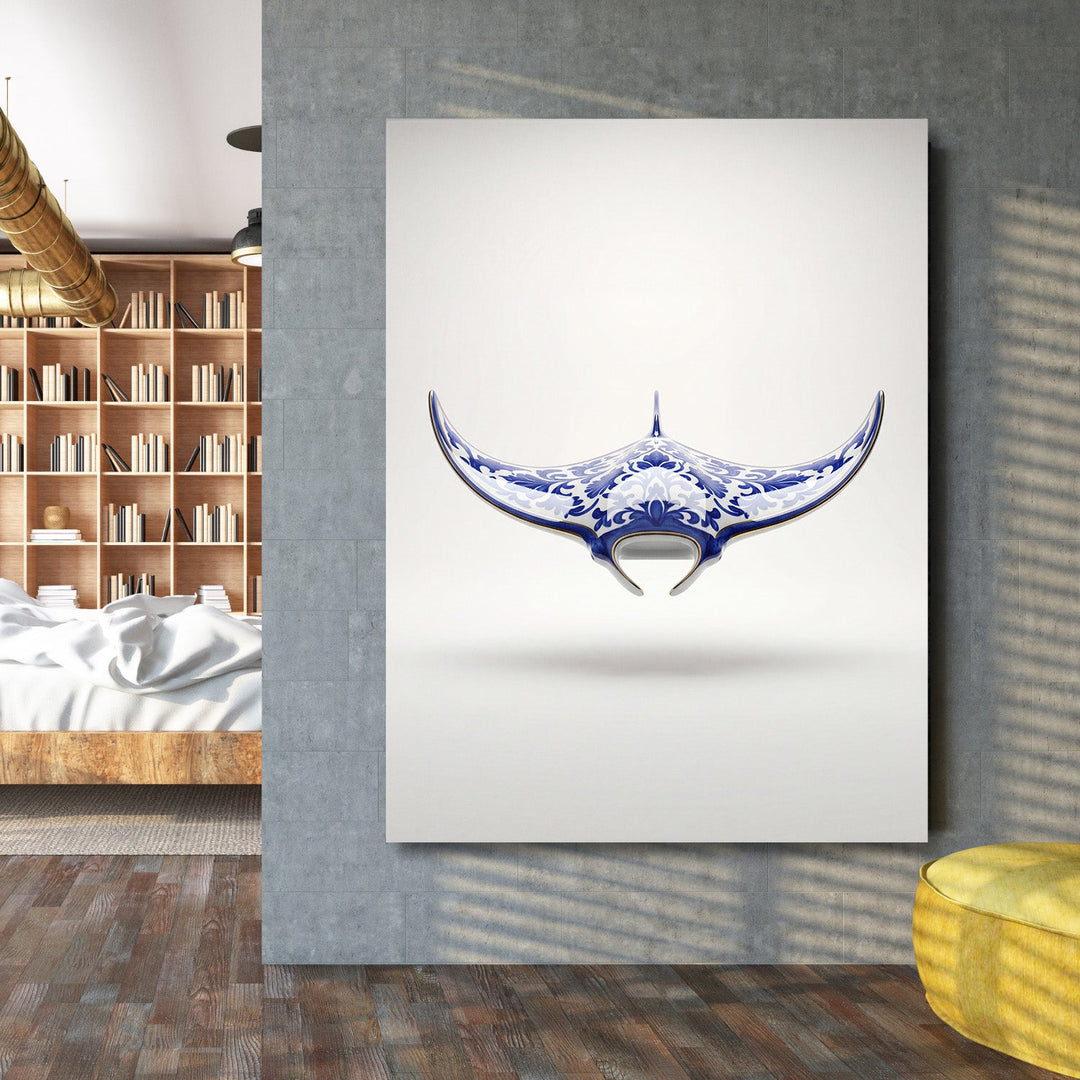 Modern canvas print with a porcelain stingray in an industrial bedroom, wall art above the bed