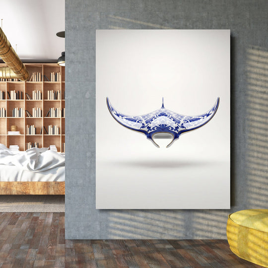 Modern canvas print with a porcelain stingray in an industrial bedroom, wall art above the bed