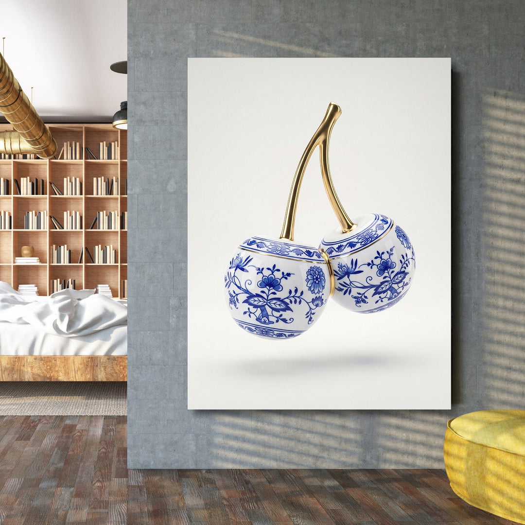 Luxury canvas print with porcelain cherries in a blue-and-white floral pattern with gold stems in a modern home office