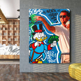 Motivational wall art with Scrooge McDuck, dollars and a graffiti wealth motif