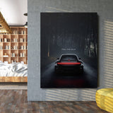 Motivational canvas wall art with car Porsche in dark forest and text FEEL THE CALM in a modern interior