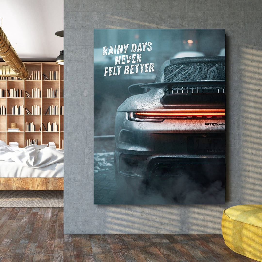 Luxury canvas wall art with rainy rear view on sports car and motivational quote in a modern living room