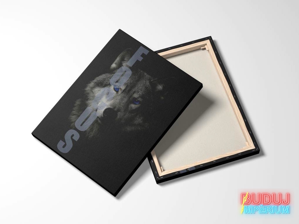 Motivational canvas wall art with a minimalist wolf portrait and FOCUS text, front and back view.