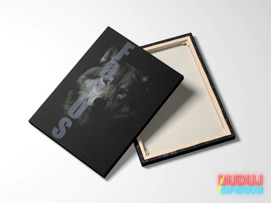 Motivational canvas wall art with a minimalist wolf portrait and FOCUS text, front and back view.