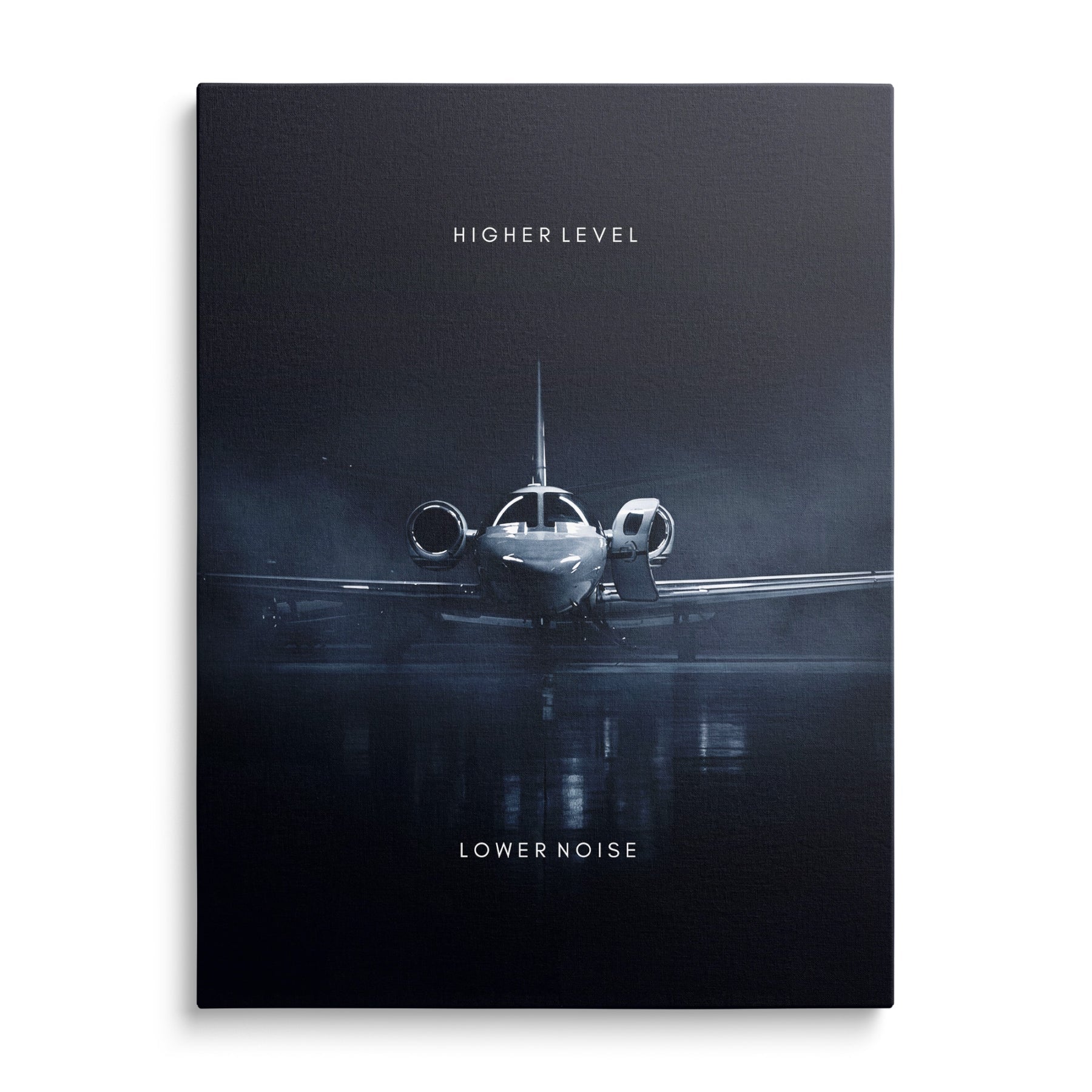 Motivational wall art with a night private jet on a wet runway and the texts “Higher Level” and “Lower Noise”
