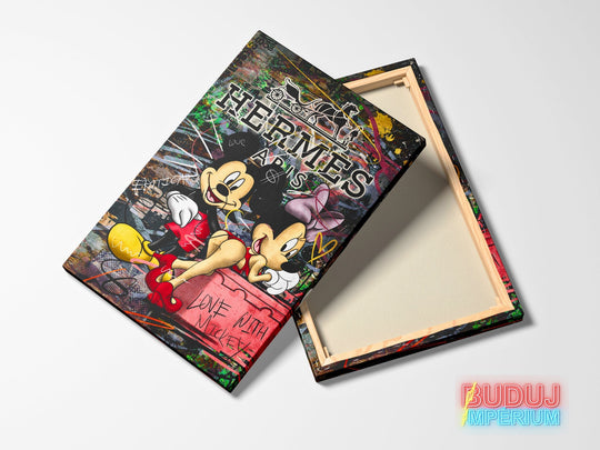 Luxury pop art wall art with a Mickey and Minnie street art motif in Hermès orange, front view.