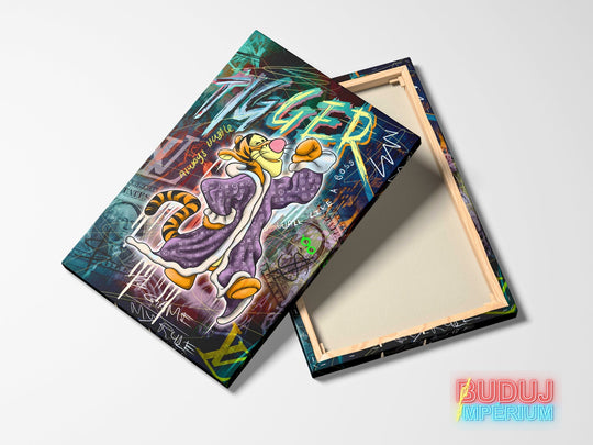 Motivational pop art canvas wall art with a tiger in graffiti style and a money motif, front view.