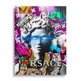 Pop art motivational wall art with Medusa, neon effects and Versace-style logo.