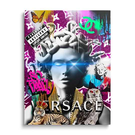 Pop art motivational wall art with Medusa, neon effects and Versace-style logo.