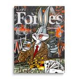 Bugs Bunny pop art wall art in a luxury suit, front view with money and street art motifs.