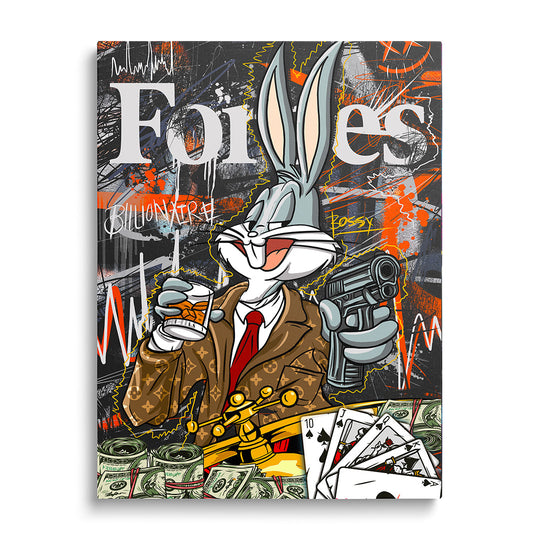 Bugs Bunny pop art wall art in a luxury suit, front view with money and street art motifs.