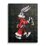 Luxury pop art canvas wall art with Bugs Bunny in a red robe, banknotes and champagne, a wealth motif.