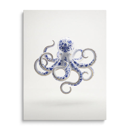 Motivational wall art with a blue-and-white porcelain octopus in a minimalist design, front view