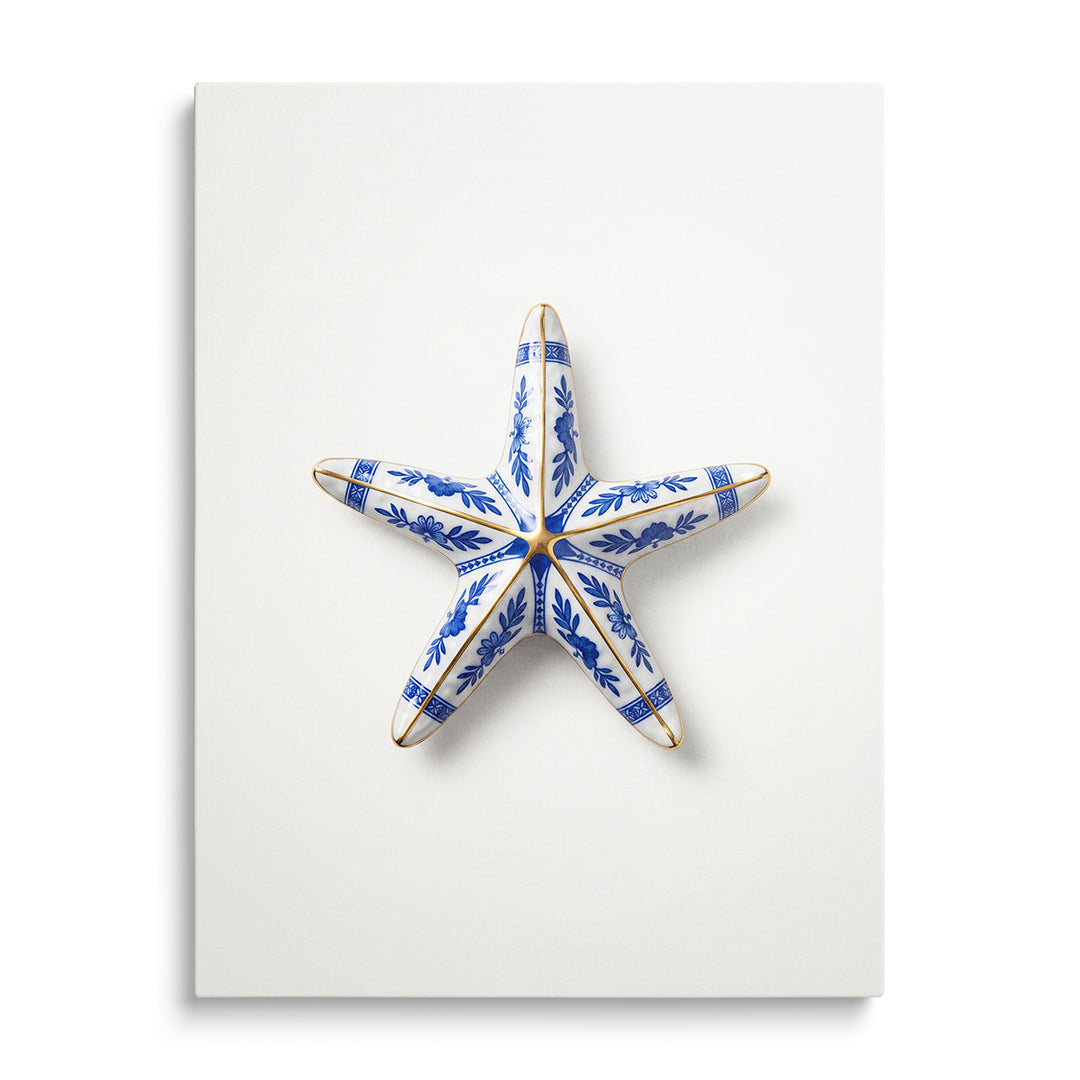 Modern canvas print with a blue onion porcelain starfish, luxury blue-and-white decor for interiors
