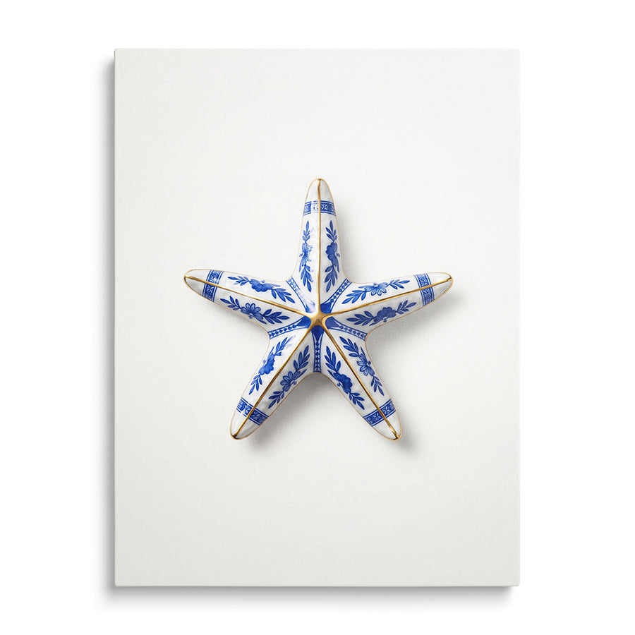 Modern canvas print with a blue onion porcelain starfish, luxury blue-and-white decor for interiors