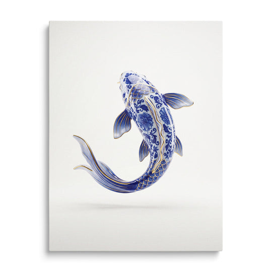Modern wall art with a blue-and-white porcelain koi carp in a minimalist Japanese style, front view