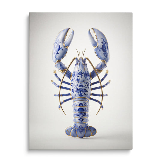 Pop art image of a blue-and-white porcelain spiny lobster in a minimalist style on a white background, front view