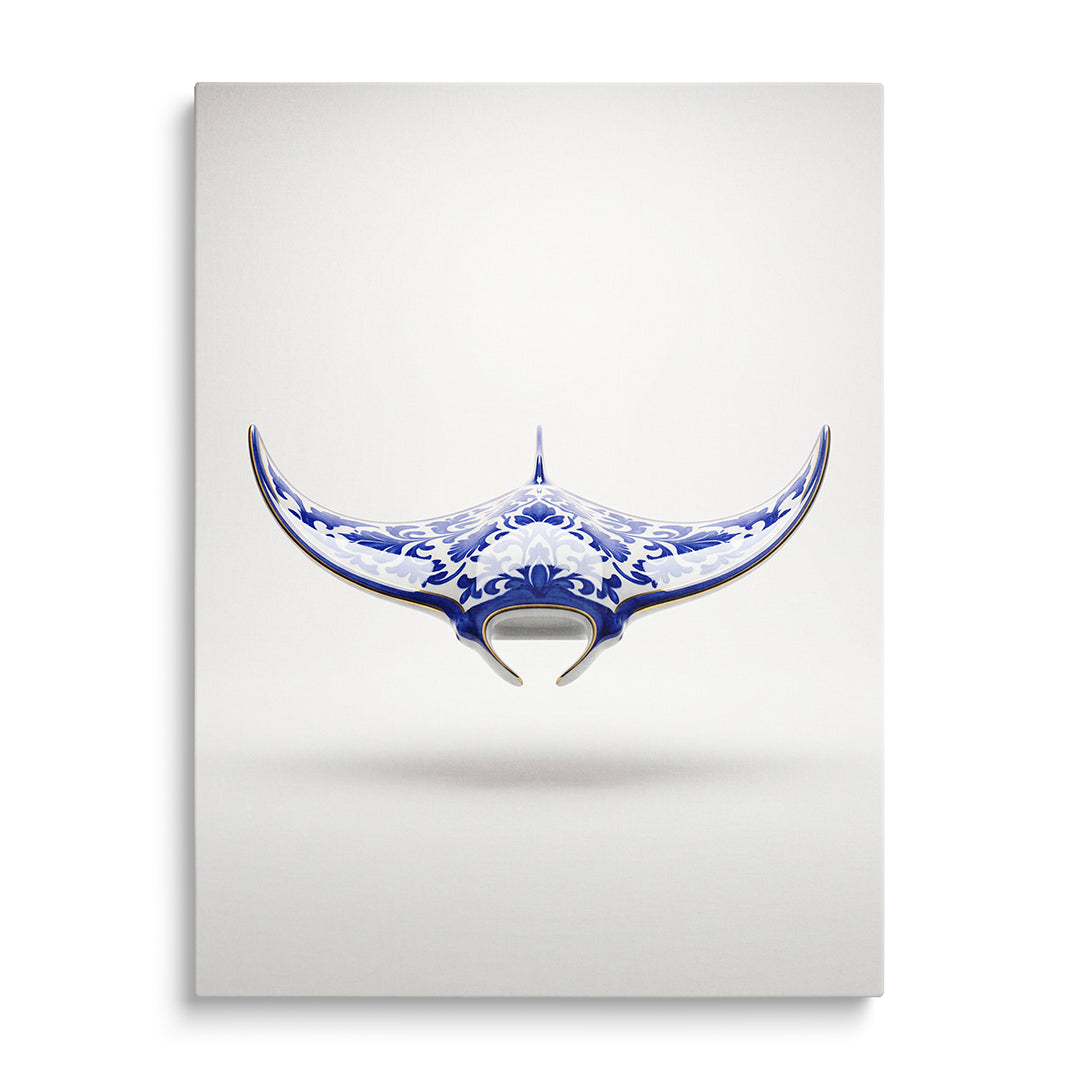 Modern wall art with a blue-and-white manta ray in an onion porcelain pattern, minimalist front-view motif