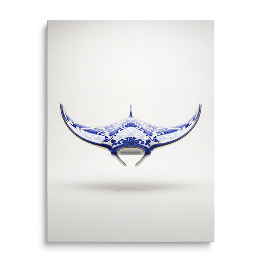 Modern wall art with a blue-and-white manta ray in an onion porcelain pattern, minimalist front-view motif