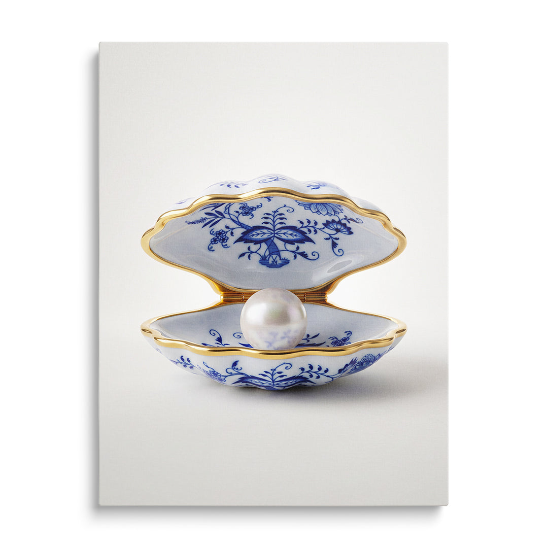 Luxury canvas print with a blue onion porcelain shell and pearl in a minimalist design