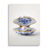 Luxury canvas print with a blue onion porcelain shell and pearl in a minimalist design