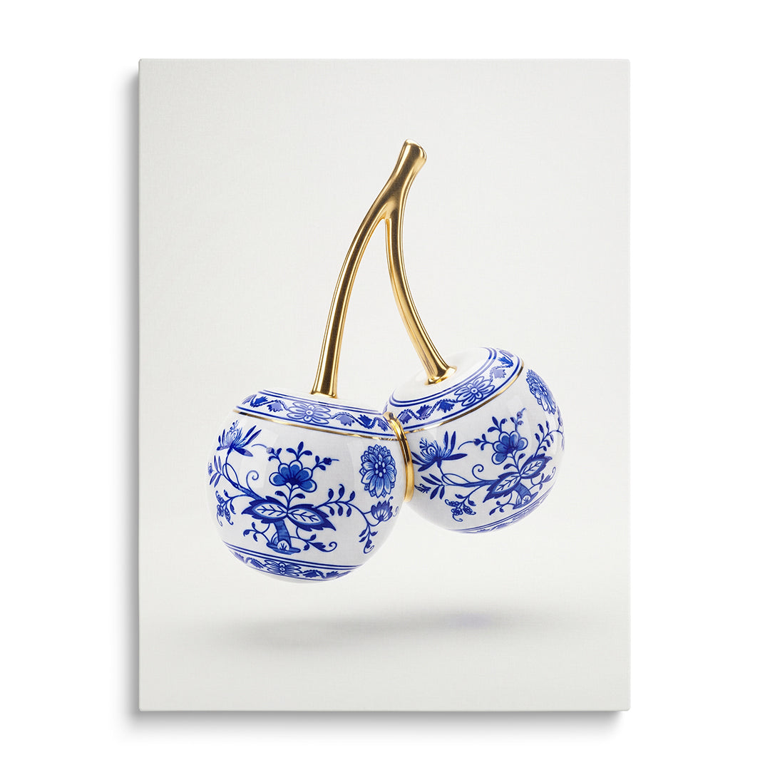 Luxury canvas print of blue onion porcelain cherries with gold stems, front view