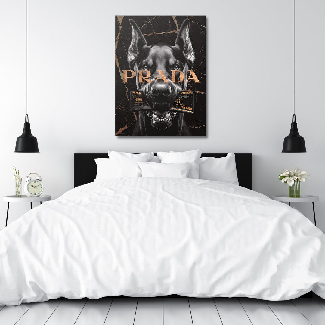 Luxury motivational canvas wall art with black dobrmanem and dollar banknote above the bed
