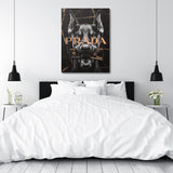 Luxury motivational canvas wall art with black dobrmanem and dollar banknote above the bed