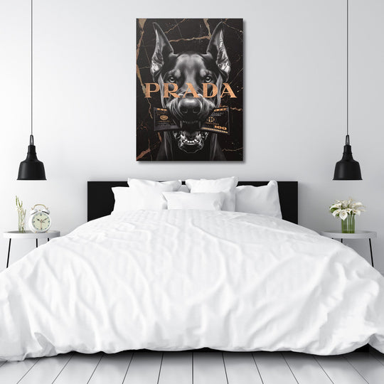 Luxury motivational canvas wall art with black dobrmanem and dollar banknote above the bed