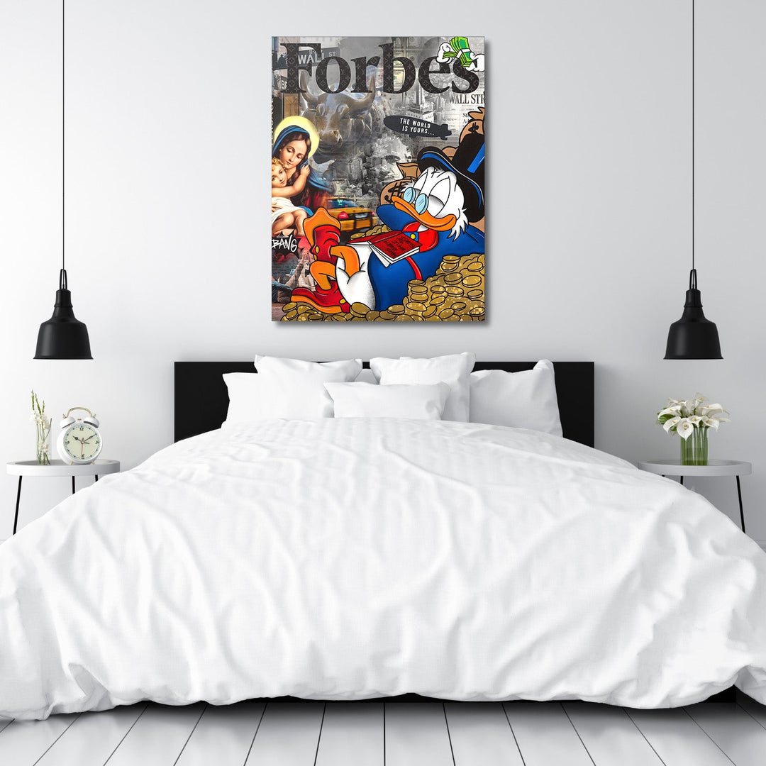 Pop art wall art for a bedroom with duck on pile of coins and motif Wall Street bull