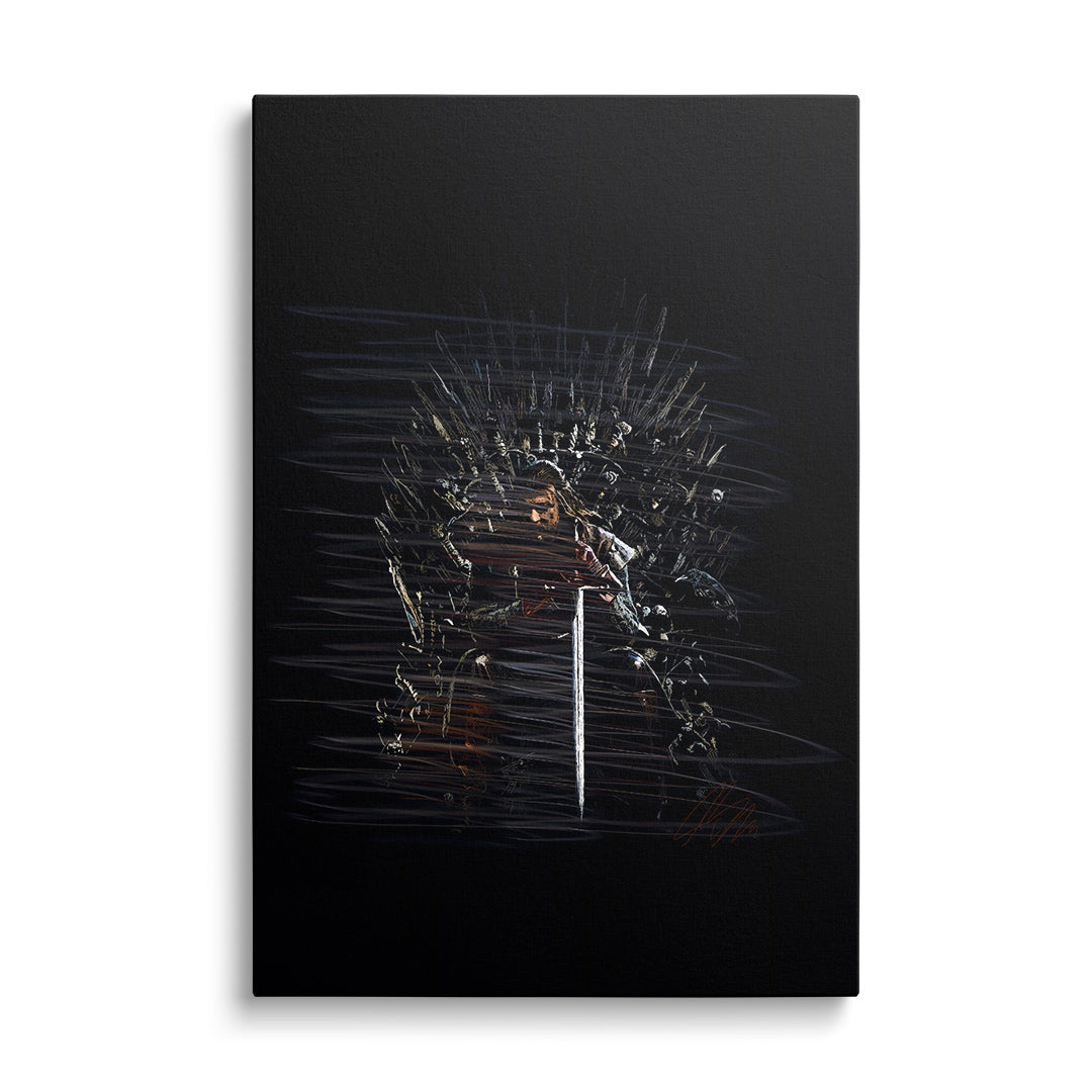 Canvas wall art with an epic sword in front of a spiked iron throne in dark fantasy style