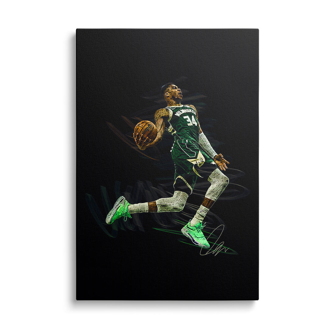 Motivational wall art with a basketball player dunking in the air, green number 34 jersey, front view