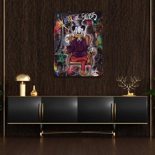 Motivational pop art wall art with Scrooge McDuck in graffiti style and money theme above a black sideboard.