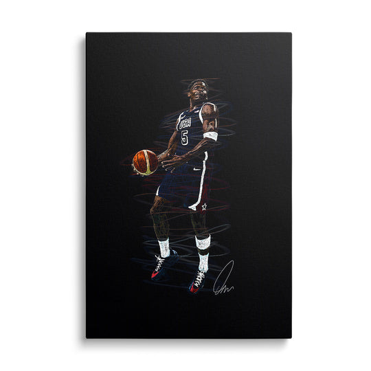 Motivational canvas wall art of a basketball player in a USA jersey jumping dynamically with bold Nike sneakers