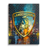 Motivational canvas wall art with a Lamborghini logo and city street in pop art comic style.