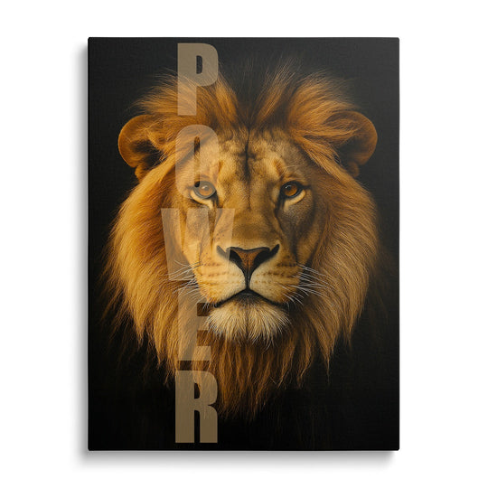 Motivational canvas wall art with a detailed front-facing lion portrait and vertical POWER text in a minimalist design.