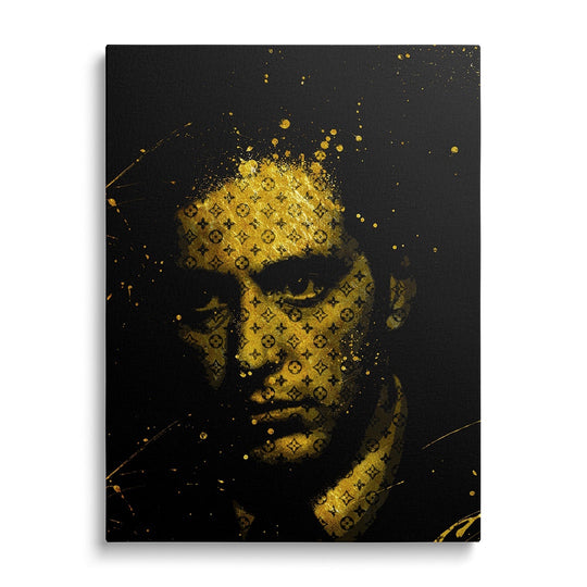 Front view of motivational pop art canvas wall art with a black and gold portrait and luxury monogram pattern.