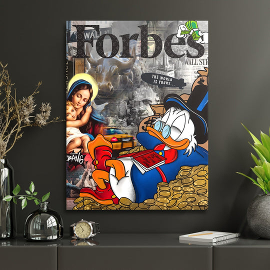 Motivational pop art wall art Scrooge McDuck on coins, Wall Street bull, taxi and money collage in an interior