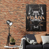 Pop art wall art dog with money motif and text PRADA as motivational wall art for industrial living room
