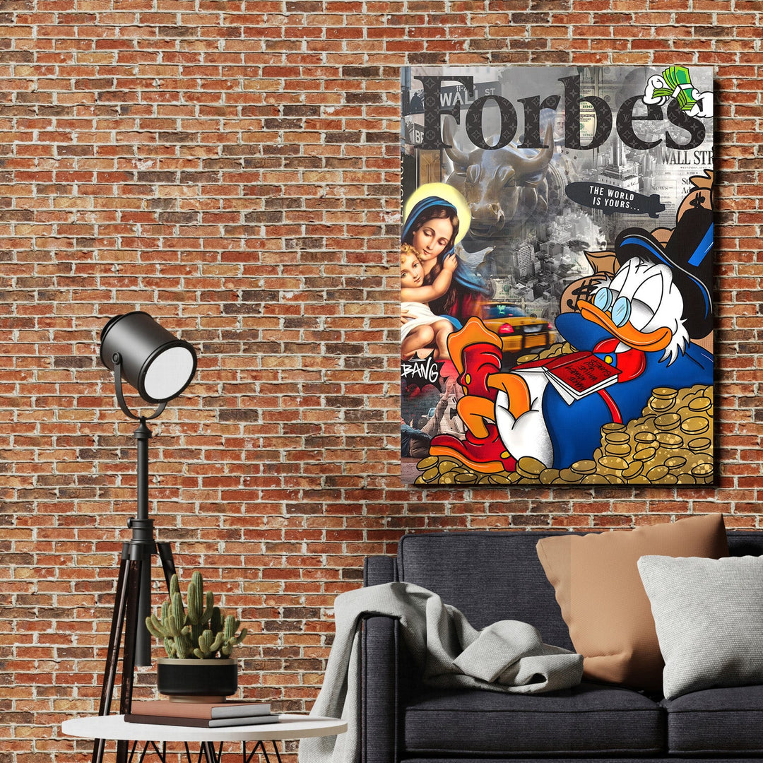 Pop art canvas print in an industrial living room with duck, Wall Street bull, madonou and money motif
