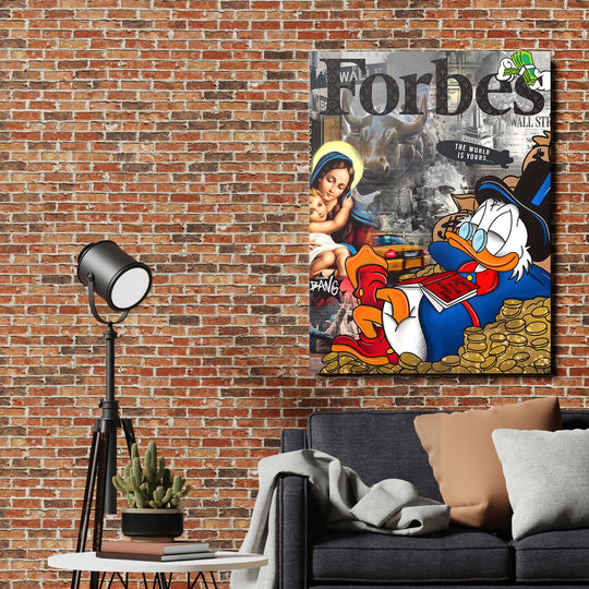 Pop art canvas print in an industrial living room with duck, Wall Street bull, madonou and money motif
