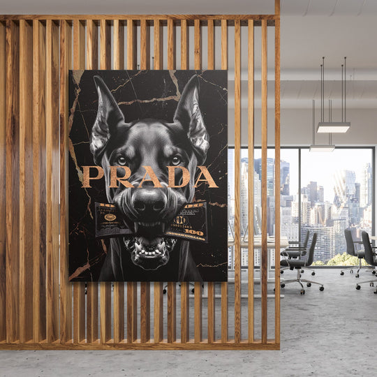 Luxury motivational canvas wall art for an office, black dog with banknote and gold text PRADA, lifestyle decor