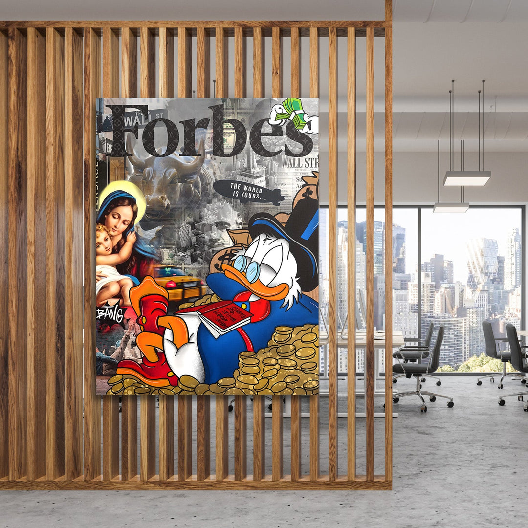 Motivational wall art pop art Scrooge McDuck on pile of coins with Wall Street in background in a modern office